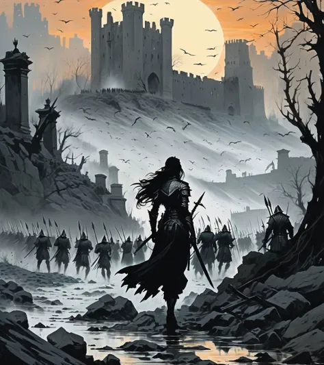 Madison Beer mixed with Sofia Vergara, standing in the distance, ,leading a horde army, thousands of warriors ,art by Jakub Rozalski, 1920+ Poland ,Pastels, Chiaroscuro ,Amid the ruins of a once-majestic fortress, a soldier pauses, her silhouette ghostly against the backdrop of shifting terrains that oscillate between detailed battle maps and molten landscapes, Tornado, Barren trees, Menacing, Radial balance, Sunrise, Water, Ellipse, ultra detailed, intricate,