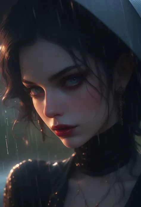 photograph, analog style, real life, extremely beautiful, (highly detailed, intricately detailed), masterpiece, 8k, HDR, best quality, (highly detailed skin), (alluring eyes), (a goth girl), freckles, intricate tattoos, lipstick, mascara, earrings, leaning forward, (extreme face close up), blushing, (river, under the rain, wet body, wet hair), dappled lighting, (backlighting:0.7), film grain, photographed on a Sony A7R IV, 18mm F/1.7 cine lens