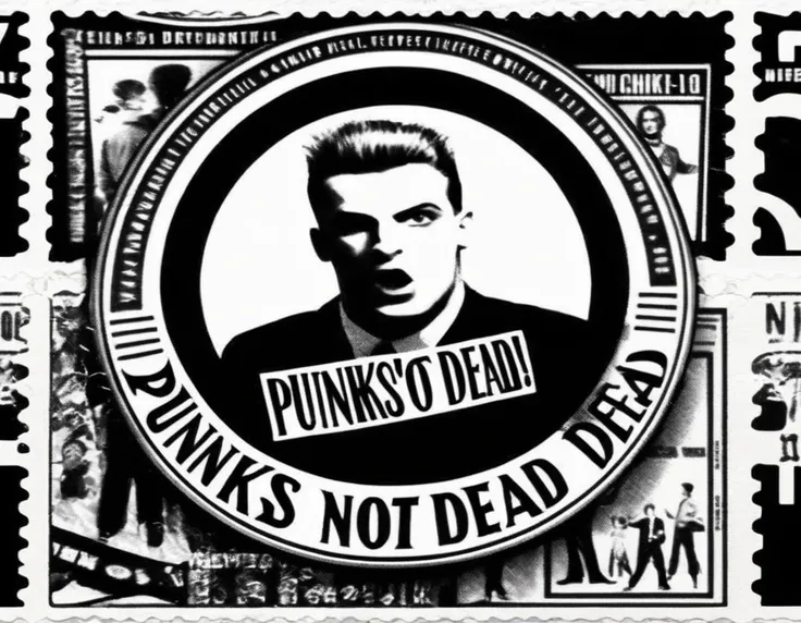 punks not dead!, vintage 1950s stamp, black and white color aesthetic, bestselling movie poster