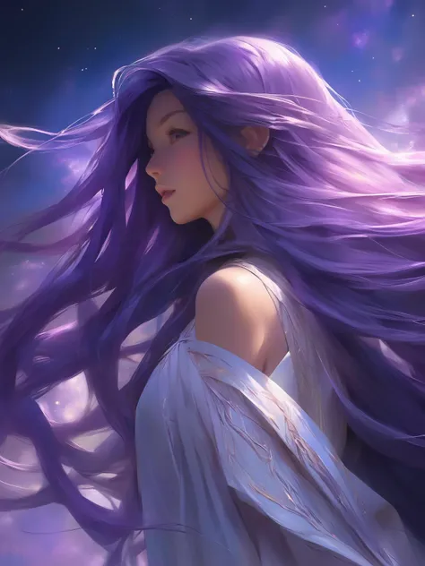 Heavenly angel descending, gorgeous, most beautiful anime girl, long purple hair with highlights in a braid, beautiful, eldritch dark sky, innocence, Artgerm and kleggt, Stanley artgerm, 8k