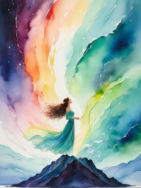 (Watercolor painting, fluid, translucent, artistic:1.69) ([Void's Embrace:Quantum Quest:0.55] weaves around the Aurora's Whisper in the style of [Larry Elmore:Julie Bell:0.2])