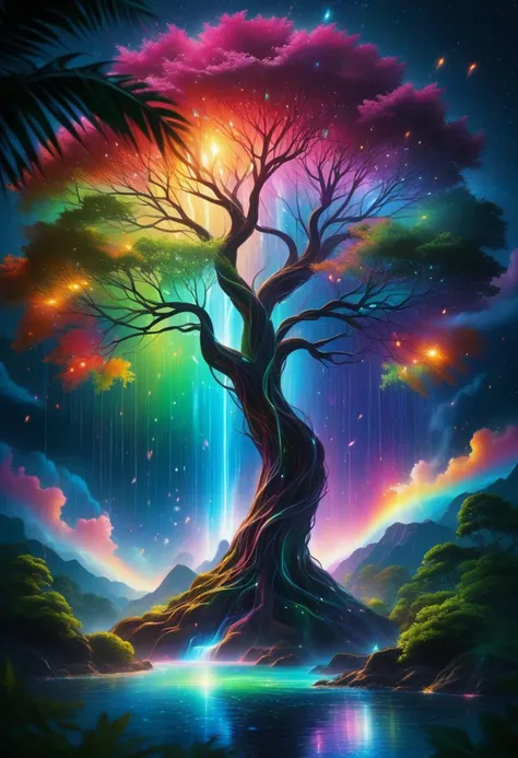 photograph, 3D realistic, extremely beautiful, ultra detailed, highly detailed, incredibly detailed, masterpiece, best quality, detailed background, sharp focus,
high quality, masterpiece, (tree of lighting and rainbow colored flame, neon colored flame), leaf peddle rain, fantasy landscape, glowing river of nebula and galaxy, low light, glowneon, wind blowing particles by, swirling particles, 
masterpiece, best quality,, detailed eyes, detailed face, perfect face, highly detailed skin, textured skin,