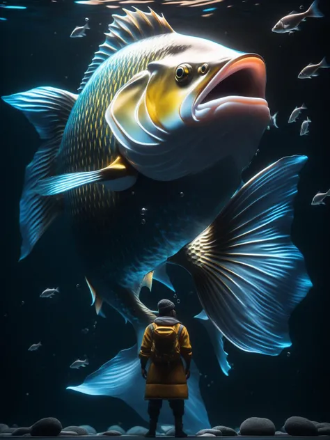 ultra wide angle, in focus, epic background, gorgeous lifelike, moody, dynamic pose of a fish, cat, the full and whole body, full length shot, hyper details, lighting art, cinematic, insane details, intricate details, hyperdetailed