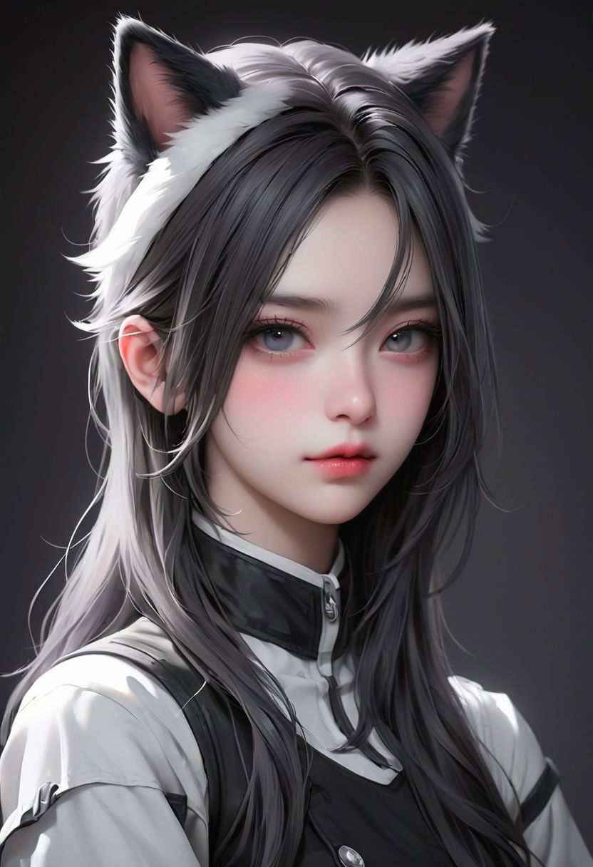 A woman with long hair and a cat ears is posing for a picture - SeaArt AI