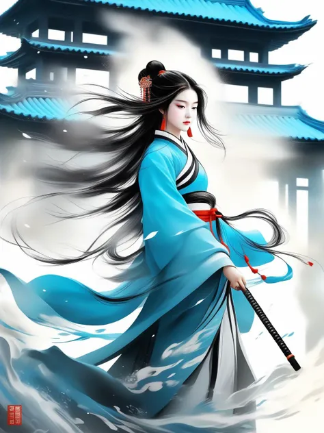 dramatic angle,(fluttered detailed ink splashs), (illustration),(((1 girl))),(long hair),(rain:0.6),(expressionless ,hair ornament:1.4),there is an ancient palace beside the girl,chinese clothes,(focus on), color Ink wash painting,(ink splashing),color splashing,((colorful)),[sketch], Masterpiece,best quality, beautifully painted,highly detailed,(denoising:0.7),[splash ink],yin yang, (masterpiece,best quality:1.5)