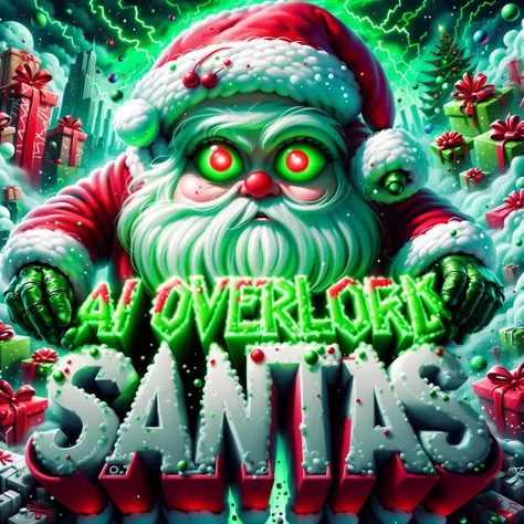 (AI Overlord Santas) text logo, green, white, green, graffiti, robo santa terminator with glowing red eyes plotting ai world dominance, exploding gifts falling like snowflakes