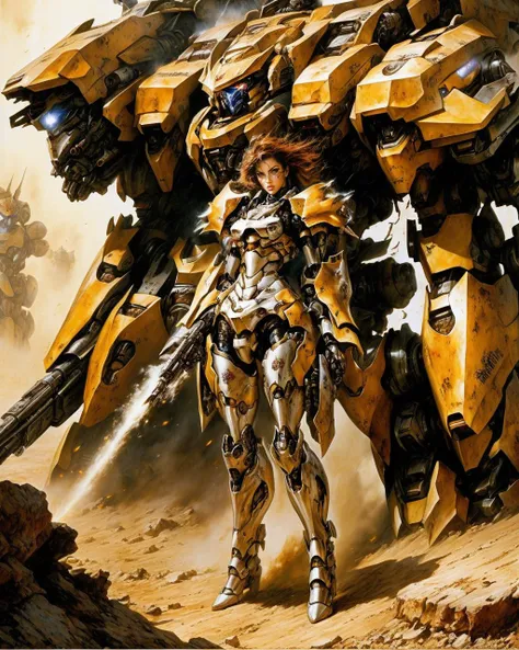 1 female
mecha armor
detailed face
battle stance,
shadows
dramatic lighting
ruins,
smokes
explosions
(best quality, masterpiece, oil painting by Luis Royo )