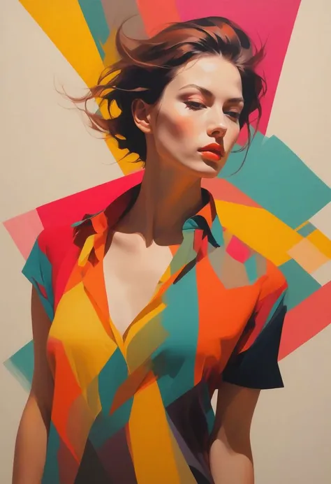 portrait of a woman, upperbody, minimalist, with dynamic movement and bold colors, by vovin,trendy art market