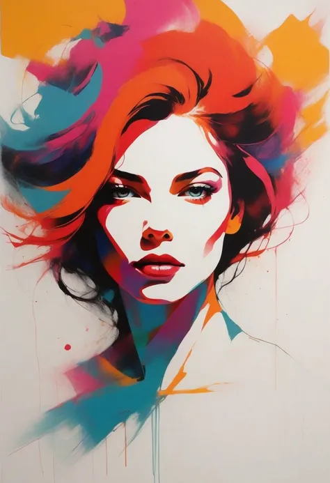 portrait of a woman, upperbody, minimalist, with dynamic movement and bold colors, by vovin,trendy art market