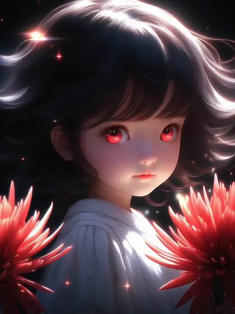 face focus, cute, masterpiece, best quality, 1girl holding lycoris, black background, light particle, solo, black hair, red eyes, standing, pixiv, depth of field, cinematic compotision, best lighting, looking up