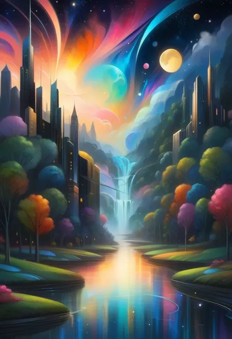 score_9, score_8_up, score_7_up, Dreamyvibes artstyle, Surreal landscape blending day and night, where a river of stars divides a cityscape merging with a forest. Architectural elements float, defying gravity, with a backdrop of a dual sunset and moonrise, High detail, ethereal glow, and vibrant color palette, anime style