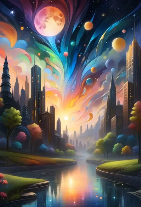 score_9, score_8_up, score_7_up, Dreamyvibes artstyle, Surreal landscape blending day and night, where a river of stars divides a cityscape merging with a forest. Architectural elements float, defying gravity, with a backdrop of a dual sunset and moonrise, High detail, ethereal glow, and vibrant color palette, anime style