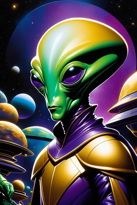 (Mundane Painting:1.3) of (Graphic novel:1.3) ((of (A regal alien diplomat with elegant attire, unique markings, and cosmic accessories. Extraterrestrial hues, cosmic purples, and diplomatic golds. Diplomatic and otherworldly..:1.3),)),character focus, Natural Lighting, Volumetric Lighting, Volumetric Light, Volumetric, absurdres, high resolution, (8k resolution), 8k, 8kres, 8k res, super resolution, ultra hd, megapixel, Establishing Shot, Deep Focus, Hip Level Shot, Quarter Turn Camera Staging, From Front, From Side,,(by Artist Gene Colan:1.3),(by Artist Richard Corben:1.3),(by Artist Frank Bowling:1.3),(Vorticism Art:1.3)