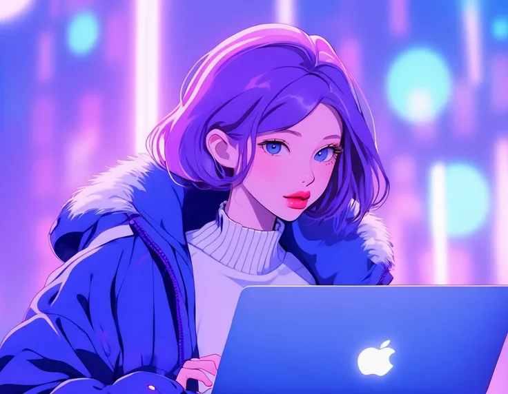 thin lips, wearing blue jacket, using a macbook, multiple purple halos