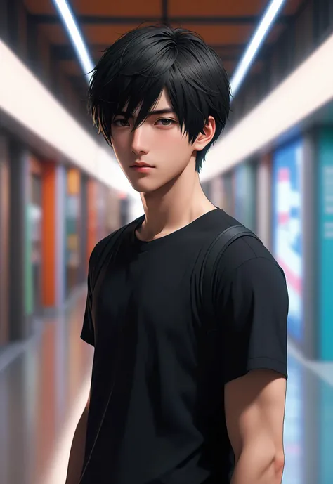A man, 18 years old, with short black short hair, black clothes, looking at the camera, standing, hall, high quality, Makoto Shinkai style, detailed facial details, bright colors, 4K, front, front view