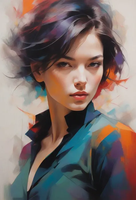 portrait of a woman, upperbody, minimalist, with dynamic movement and bold colors, by vovin,trendy art market