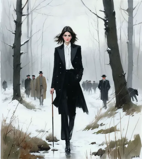 Natalia Dyer mixed with Kendall Jenner, undercover ,art by Jakub Rozalski, 1920+ Poland