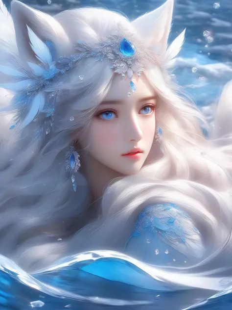 masterpiece, best quality,
official art, extremely
detailed cg 8k wallpaper,
(flying petals)
(detailed ice) , crystals
texture skin, cold
expression, ((fox ears)),
white hair, long
hair, messy hair, blue eye,
looking at viewer,
extremely delicate and
beautiful, water, ((beauty
detailed eye)), highly
detailed, cinematic
lighting, ((beautiful face),
fine water surface, (original
figure painting), ultra-
detailed, incredibly
detailed, (an extremely
delicate and beautiful),
beautiful detailed eyes,
(best quality), (masterpiece,best quality:1.5)