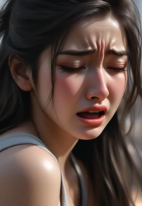 a women she have a headek and she crying hyper-realistic