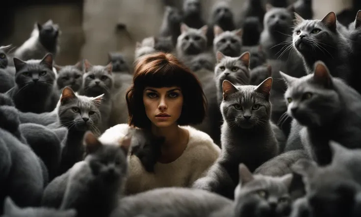 (cassette style)+, action scene of cut furry cats surrounding a an atractive gothic female teenager, looking strong, by Akira Toriyama and Albert Koetsier and Artur Bordalo, sharp focus, analog cinematic LUT