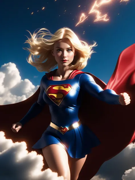 nijistyle, cowboy shot of supergirl, blonde hair, cape, particles, clouds, sky