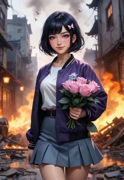 (masterpiece:1.5),(bestquality),highlydetailed,ultra-detailed,(1girl),(extremely beautiful),(running in panic),(ruined city:1.2),(crumbling buildings),(devastated landscape),(smoke-filled skies),(burning house:1.1),(fiery inferno),(broken car:1.1),(wreckage and debris),(gun explosion:1.2),(intense blast),(dynamic action),(desperate sprint),(fear-stricken expression),(wide-eyed terror),(tattered clothing),(dirt and sweat),(thick smoke),(dramatic lighting),(eerie shadows),(haunting ambiance),(ominous silence),(captivating narrative),(suspenseful storyline),(tense composition),(cinematic portrayal),(apocalyptic scene),(chaos and destruction),(close-up portrait),(expressive eyes),(sweat beads),(terror-stricken face),(turbulent emotions),(immersive scene),(engaging storytelling), 1girl, solo, looking at viewer, smile, short hair, black hair, hair ornament, long sleeves, closed mouth, purple eyes, jacket, upper body, purple hair, sidelocks, multicolored hair, japanese clothes, belt, blurry, uniform, lips, black jacket, parted bangs, eyelashes, gradient hair, blurry background, hair intakes, bug, butterfly, butterfly hair ornament, haori, demon slayer uniform, butterfly print, kochou shinobu, fashion Illustration, the beautiful Chinese girl with short black hair holds a big bouquet of White rose and smiles happily.Extra large bouquet of White rose,Laugh happily,Sweet and happy expression,Portrait of the upper body, wistful eyes,Pale pink colour windbreaker by Balenciaga and prada, Natural light, doodle in the style of Keith Haring, flat illustration, sharpie illustration, bold lines and solid colors, minimalist, white background, simple and clean, simple details, vector illustration, (art by joan cornella in peter bagge style:1.5), (Georgy Kurasov art:1.5), (drawn by Wu Guanzhong, ink artistic conception, abstract simple lines, minimalism, illustration style:1.5), (in a classic dark fantasy game art, cid horror film directed by Ryûtarô Nakamura and H. P Lovecraft:1.5)