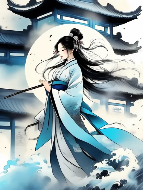 dramatic angle,(fluttered detailed ink splashs), (illustration),(((1 girl))),(long hair),(rain:0.6),(expressionless ,hair ornament:1.4),there is an ancient palace beside the girl,chinese clothes,(focus on), color Ink wash painting,(ink splashing),color splashing,((colorful)),[sketch], Masterpiece,best quality, beautifully painted,highly detailed,(denoising:0.7),[splash ink],yin yang, (masterpiece,best quality:1.5)