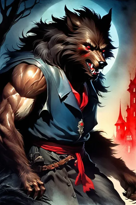 (Watercolor painting) of (art by Jean Ignace Isidore Grandville:1,3) of (The Sinister Werewolf, A menacing werewolf with feral eyes and blood-stained fur. Werewolf browns, moonlit blues, and bloodied reds. Savage and cursed:1.3),character focus, Natural Lighting, Volumetric Lighting, Volumetric Light, Volumetric, absurdres, high resolution, (8k resolution), 8k, 8kres, 8k res, super resolution, ultra hd, megapixel, Establishing Shot, Deep Focus, Hip Level Shot, Quarter Turn Camera Staging, From Front, From Side,