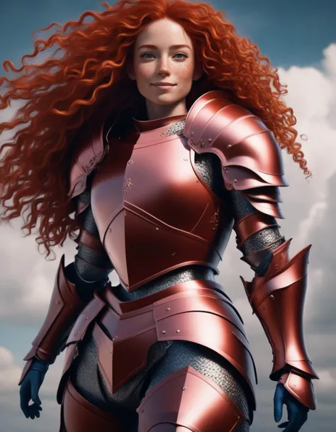 full body shot, a sense of achievement, strong, positive, she will go far and she can show it, she has a sly smile on her face, long red curly hair, freckles, wearing a vibrant colored suit of armor, cinematic view, epic sky, detailed, concept art, low angle, high detail, volumetric, vivid, beautiful
