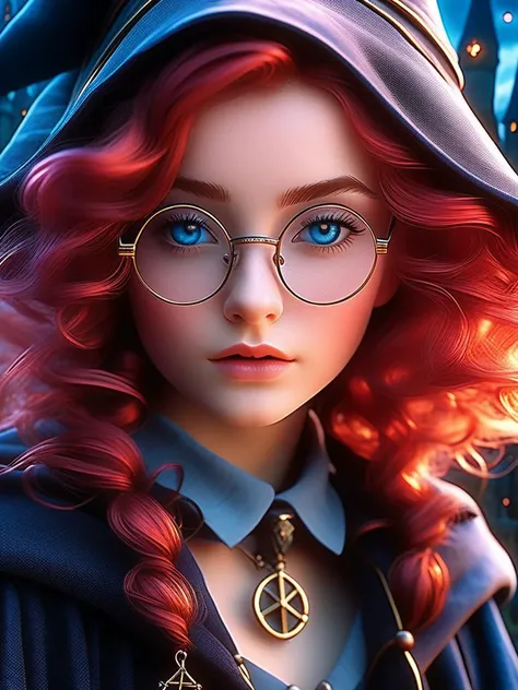 photo of close-up beautiful young girl Alena witch, glasses, cold frozen magic spell, darkwave, blue-red hairs, harry potter hogwarts steampunk middle ages world, best quality, high quality, high-definition, extremely detailed, technicolor, masterpiece, best quality, by Tim Burton, by Anna Dittmann