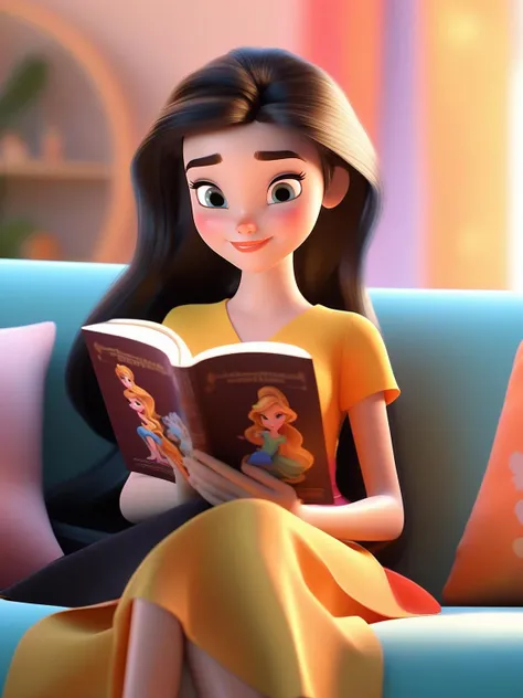 A beautiful girl, Disney girl, long hair, Disney oval face, skirt, sitting cross - legged on the sofa and reading a novel book by the domineering president, happy expression, colorful expressions, soft lighting, clean background, Disney girl, Disney style, 3D rendering, soft focus, o blender,