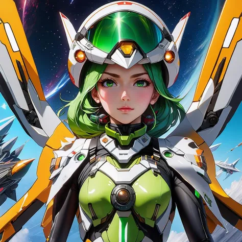 masterpiece, best quality, (colorful), cinematic lighting, extremely detailed CG unity 8k wallpaper, anime, 1girl,  covered nipples,  upper body, high heels, helmet,
small space ships,  stars,  green gas,(insanely detailed, beautiful detailed face,  masterpiece, beautiful detailed  eyes, best quality)