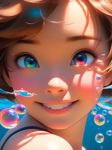 masterpiece, best quality, full body, portrait, Underwater, 1girl, anime, 3D, pixar, realistic, teen girl, smiling, cute face, short hair, Bubbles flying around, bodysuit, beautiful, sexy, colourful, nsfw, smooth skin, illustration, by stanley artgerm lau, sideways glance, foreshortening, extremely detailed, smooth, high resolution, ultra quality, highly detail eyes, highly detailed face, perfect eyes, both eyes are the same, true light, glare, Iridescent, Global illumination, real hair movement, real light and shadow, real face, hd, 8k, soft light, dream light,