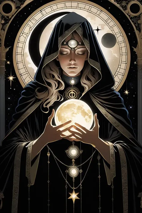 (Hidden Digital Artwork:1.3) of (Visual novel:1.3) of (A mysterious figure cloaked in shadows and adorned with moon and star motifs. The color palette features deep blacks, silvers, and glowing moonlight, creating an enigmatic and mystical aura), golden ratio, rule of thirds, Ambient Occlusion, Tone Mapping, Shaders, SSAO, Natural Lighting, Volumetric Lighting, Volumetric Light, Volumetric, Accent Lighting, absurdres, high resolution, (8k resolution), 8k, 8kres, 8k res, super resolution, ultra hd, megapixel, high details, detailed and intricate, intricate details, high intricate details, absurd amount of details,(by Artist Butcher Billy:1.3),(by Artist Aubrey Beardsley:1.3),CGSociety,ArtStation,(American Scene Painting:1.3)