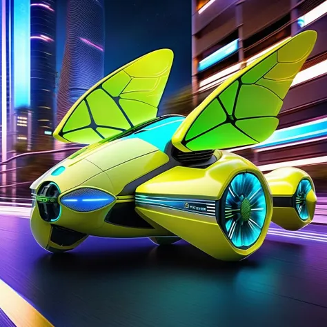(Dragonfly Cruiser:1.2), (streamlined vehicle taking cues from dragonfly wings), (hovering capabilities and quick maneuvering), (bioluminescent accents and futuristic aesthetics), (navigating urban landscapes like an urban dragonfly).