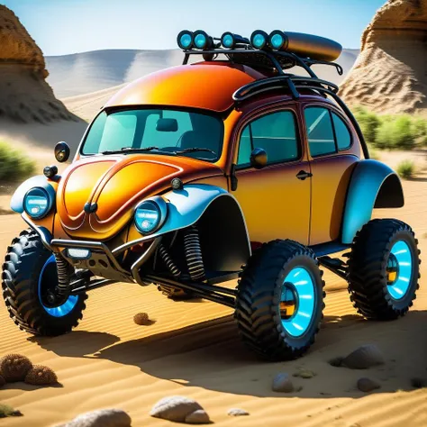 (Beetle Buggy:1.2), (vehicle with beetle-like shell and armor), (adaptable for off-road adventures), (LED headlights resembling beetle eyes), (embodying the spirit of ruggedness and resilience).