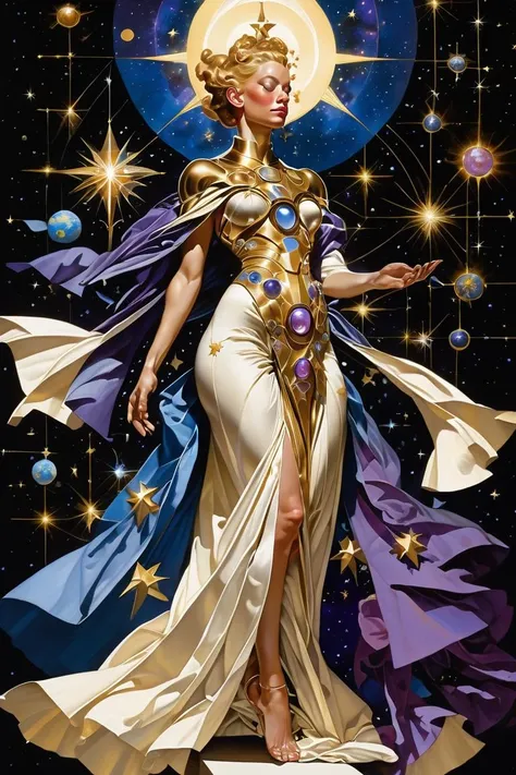 (Schematic Painting:1.3) of (Sketch:1.3) of (A celestial being in a gown adorned with stars and galaxies. The color palette includes cosmic blues, purples, and radiant whites, evoking a sense of cosmic knowledge and divine guidance), golden ratio, rule of thirds, Ambient Occlusion, Tone Mapping, Shaders, SSAO, Natural Lighting, Volumetric Lighting, Volumetric Light, Volumetric, Accent Lighting, absurdres, high resolution, (8k resolution), 8k, 8kres, 8k res, super resolution, ultra hd, megapixel, high details, detailed and intricate, intricate details, high intricate details, absurd amount of details,(by Artist Tom Lovell:1.3),(by Artist Joseph Leyendecker:1.3),(Academism:1.3)
