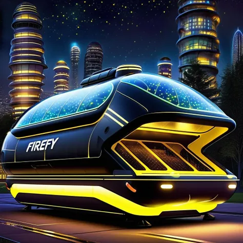 (Firefly Hovercraft:1.1), (hovering vehicle illuminating the night like fireflies), (bioluminescent panels for energy efficiency), (glowing softly as it travels through cityscapes).