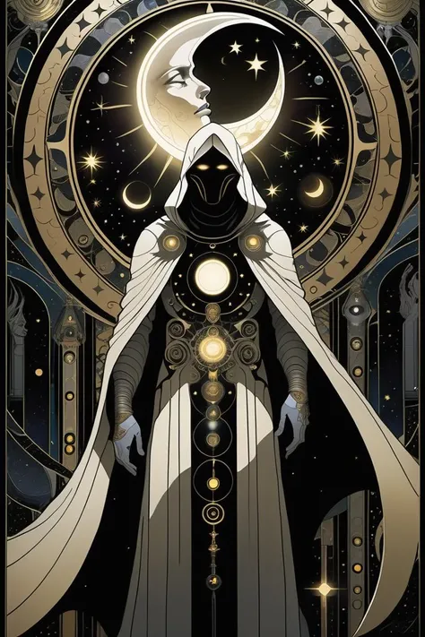 (Unearthed Digital Artwork:1.3) of (Technical illustration:1.3) of (A mysterious figure cloaked in shadows and adorned with moon and star motifs. The color palette features deep blacks, silvers, and glowing moonlight, creating an enigmatic and mystical aura), golden ratio, rule of thirds, Ambient Occlusion, Tone Mapping, Shaders, SSAO, Natural Lighting, Volumetric Lighting, Volumetric Light, Volumetric, Accent Lighting, absurdres, high resolution, (8k resolution), 8k, 8kres, 8k res, super resolution, ultra hd, megapixel, high details, detailed and intricate, intricate details, high intricate details, absurd amount of details,(by Artist Tomer Hanuka:1.3),(by Artist Henry Clive:1.3),CGSociety,ArtStation,(Solarpunk Art:1.3)