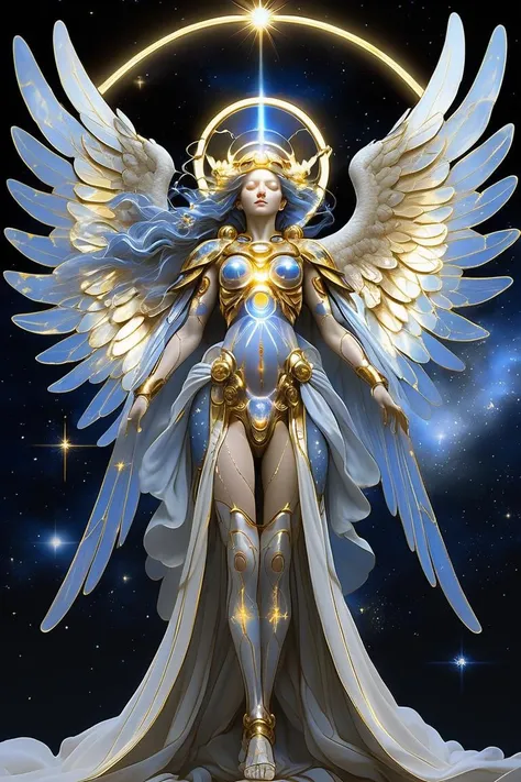 (Venerable Drawing:1.3) of (Ultra detailed:1.3) of (A celestial seraph with shimmering wings and a halo of starlight. The color palette features celestial blues, radiant whites, and glimmers of starry accents, embodying a sense of celestial grace and divine presence.), golden ratio, rule of thirds, Ambient Occlusion, Tone Mapping, Shaders, SSAO, Natural Lighting, Volumetric Lighting, Volumetric Light, Volumetric, Accent Lighting, absurdres, high resolution, (8k resolution), 8k, 8kres, 8k res, super resolution, ultra hd, megapixel, high details, detailed and intricate, intricate details, high intricate details, absurd amount of details,(by Artist James Jean:1.3),(by Artist Yoji Shinkawa:1.3),(Psytrance Art:1.3)