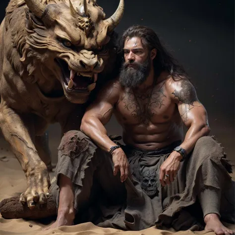 1 big burly man sitting on the back of a lion, a man with a bloody face, tattoo, a lion with one horn, a lion with bat wings, desert, sand, dry skeleton, salary, bleak, fantasy,, (Detailed face features:1.3),
(RAW photo, 16k, masterpiece, best quality: 1.2), (ultra realism, hyper detailed and intricate realism: 1.3), (wide depth of field, radiant mapping, ray tracing, god rays: 1.2),