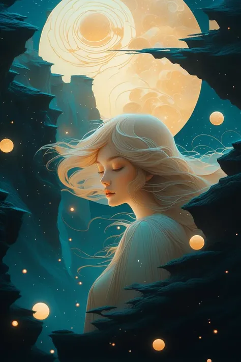 cinematic photo Microscopic, Surrealism in Audrey Kawasaki, Jovana Rikalo, Zdzislaw Beksinski style Medium Shot of (fantastic girl:1.3) of Moon, Sandswept Canyon, Nebulous, Saturated, trending on Artstation, a masterpiece, Low Contrast . 35mm photograph, film, bokeh, professional, 4k, highly detailed