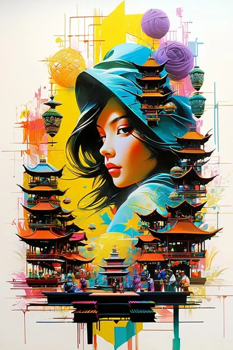 play-doh style Woodcut Print, Blackboard in Russ Mills, Vincent Di Fate, Donato Giancola style Medium Shot of (fantastic girl:1.3) with Perfume of Nanobots, Floating Market, Luminous, Hyperrealistic, trending on Artstation, a masterpiece, Polychromatic Colors . sculpture, clay art, centered composition, Claymation