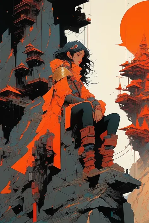 isometric style Drawing, Digital Art in Ian McQue, Conrad Roset, John Berkey style Medium Shot of (fantastic girl:1.3) of Magma, Ancient Citadel, Geometric, Vibrant, trending on Artstation, a masterpiece, Low Contrast . vibrant, beautiful, crisp, detailed, ultra detailed, intricate