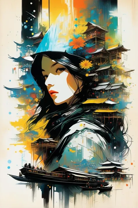 concept art Woodcut Print, Blackboard in Russ Mills, Vincent Di Fate, Donato Giancola style Medium Shot of (fantastic girl:1.3) with Perfume of Nanobots, Floating Market, Luminous, Hyperrealistic, trending on Artstation, a masterpiece, Polychromatic Colors . digital artwork, illustrative, painterly, matte painting, highly detailed