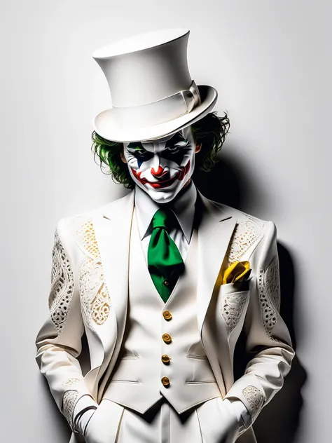 Minimalist fasion photo of a Joker in white suit and hat. White filigree background,