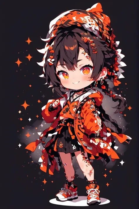 +_+, 1boy, 1girl, bangs, black_skirt, blush, choker, closed_mouth, doyagao, full_body, hood, jewelry, mole, nakano_itsuki, open_clothes, open_jacket, orange_headwear, red_hakama, shirt, simple_background, smile, sneakers, solo, sparkle_background, starry_background,
 <lora:chibi_anime:1>