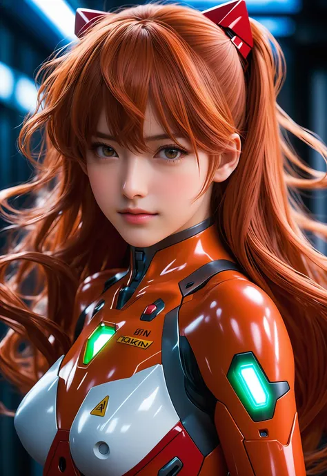 Close - up real - Live - action adaptation of a 3d character of Asuka Langley Soryu in plugsuit, charming face, NeonGenesis Evangelion cool expression