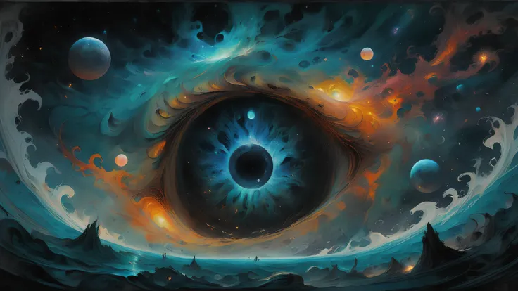 cosmic horror, sci-fi, Disney Rennaissance and Don Bluth Style outer space scene, focus on a mysterious space scene, a menacing black hole full of human eyes, resembling Lovecraftian Azathoth, swirling and psychedelic, the danger of the universe, drifting in space, encapsulating the universe, captures this surreal dance of light and shadows against the backdrop of distant stars, mysterious and unnerving, <lora:detailed_notrigger:1> <lora:rough-oil-sat-mega-adam-e:.6> oil painting, <lora:sss:.5>