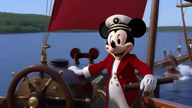 {(mickey mouse wearing a captain's hat and cartoon gloves, steering steamboat willy:1.3) on (lake huron:0.3)}